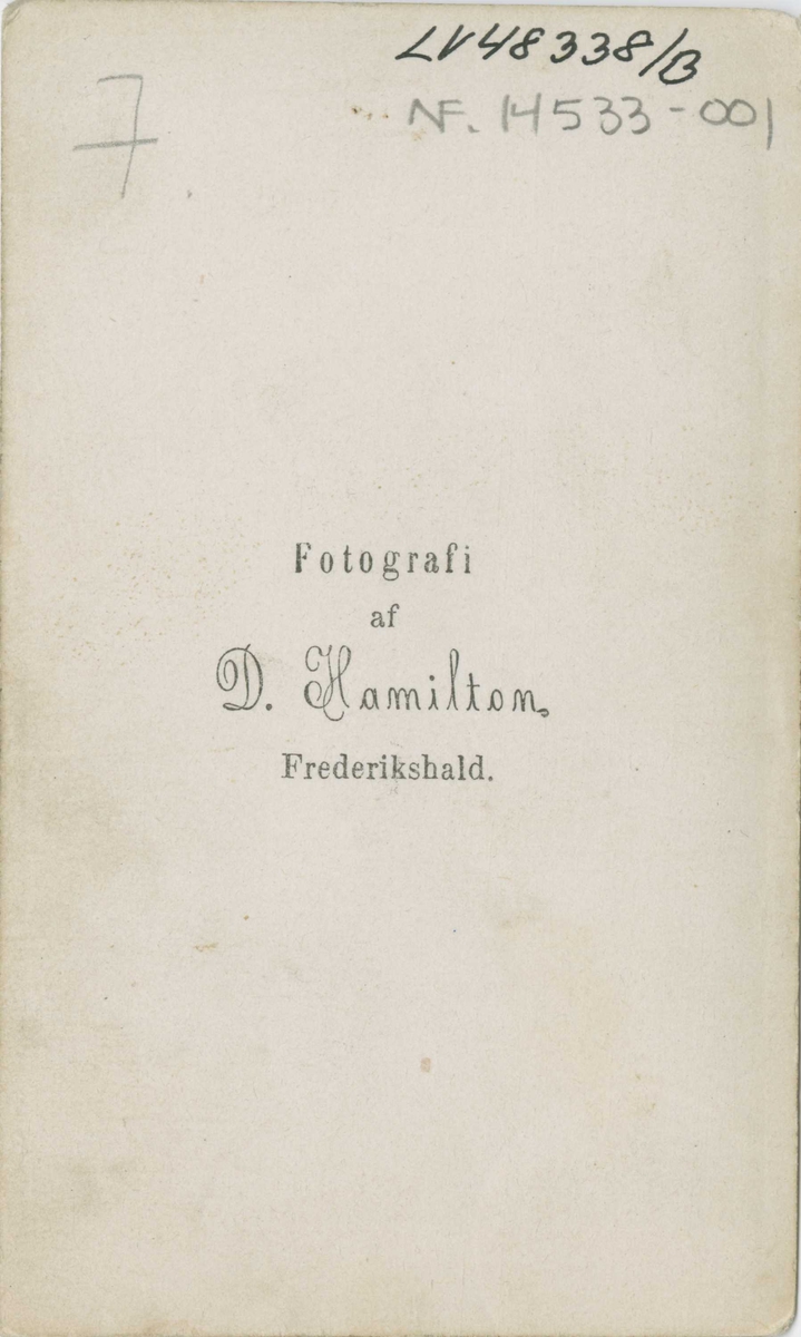 Kvinnedrakt, Halden, Østfold, annen halvdel av 1860-årene. Visittkort.
