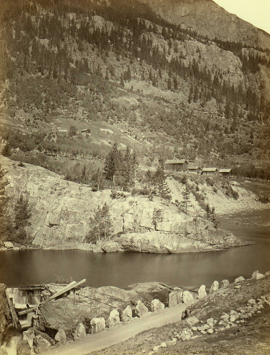 Landskap, Telemark, med veiparti i forgrunnen, gårdsbebyggelse i bakgrunnen.
Fra serie norske landskapsfotografier tatt av den engelske fotografen Henry Rosling (1828-1911).