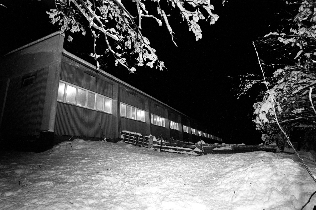 Eksteriør av grisefjøset på Bleiker gård i Asker hvor grisene blir fóret med sjokolade  9. desember 1961.