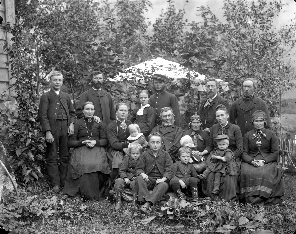 Familiegruppe, på gården Ytre Hagen, Røldal, Hordaland, ca. 1888. Fotograf Marthinius Skøien var gift med datteren der, Joron Hagen. Gutten til høyre i første rekke, den minste, er Alfred Hagen (Hagn) (1882-1958), det gamle ekteparet i midten er hans farfar og farmor Ola Jakobsen Tufte/Hagen (1810-1895)og Gunne Olsdatter Grytting (1813-1896). 