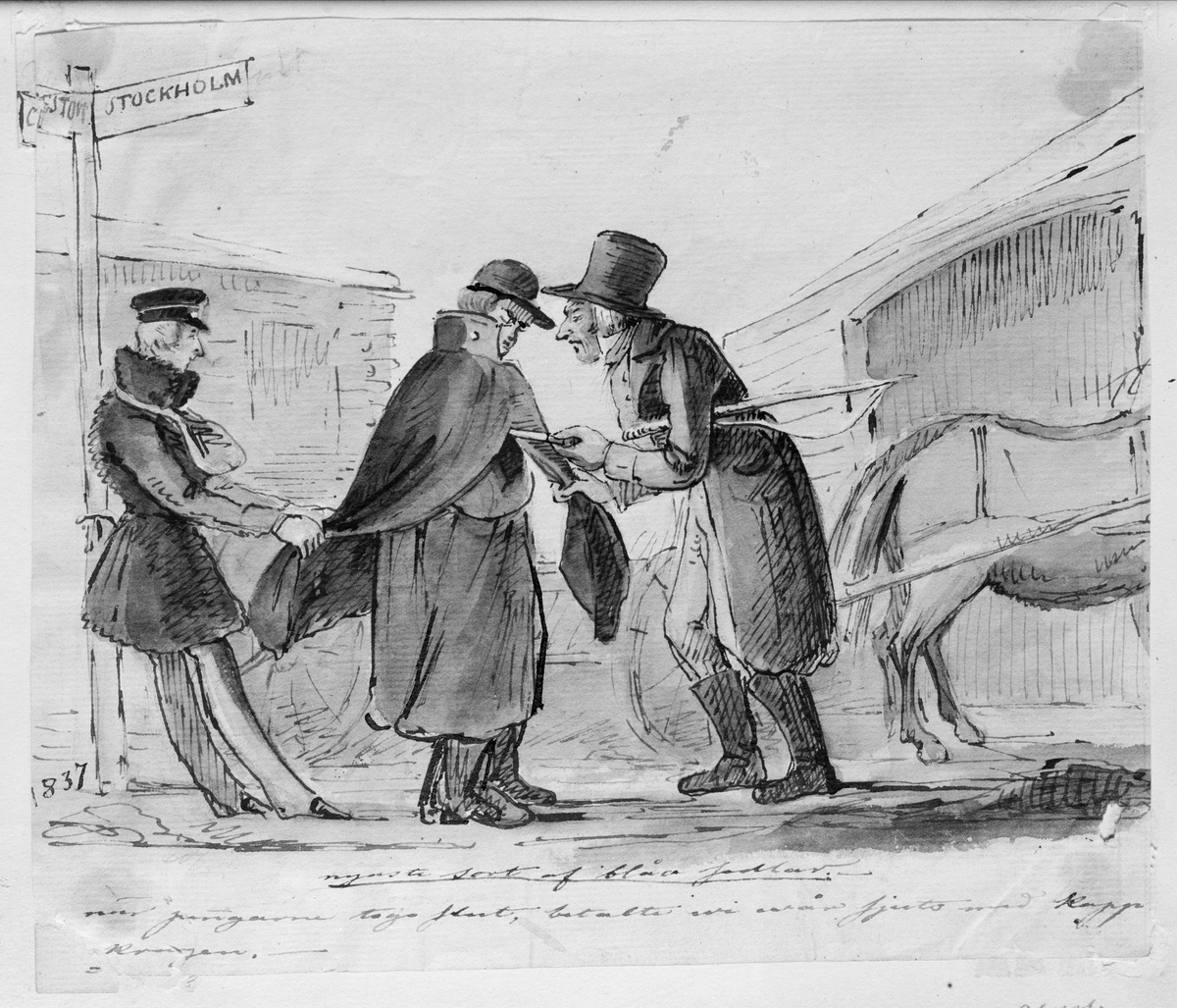 Hästskjuts. Nyaste sort af blåa sedlar. När pengarna togo slut, betalte vi vår skjuts med kappkragen.Teckning av Fritz von Dardel, 1837.