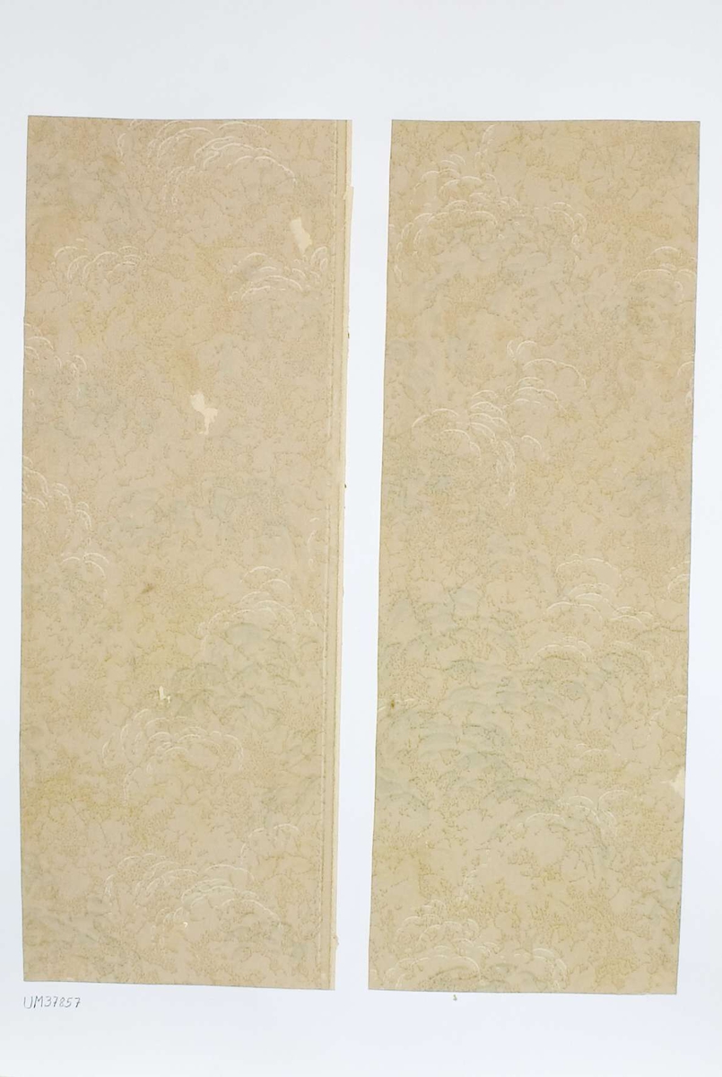 Två tapetprover med tryckt mönster i beigevitgrönt. Handskriven text på baksidan av kartongen:
205
Kv. Fågelsången nr. 2
b.v. Rum 4.