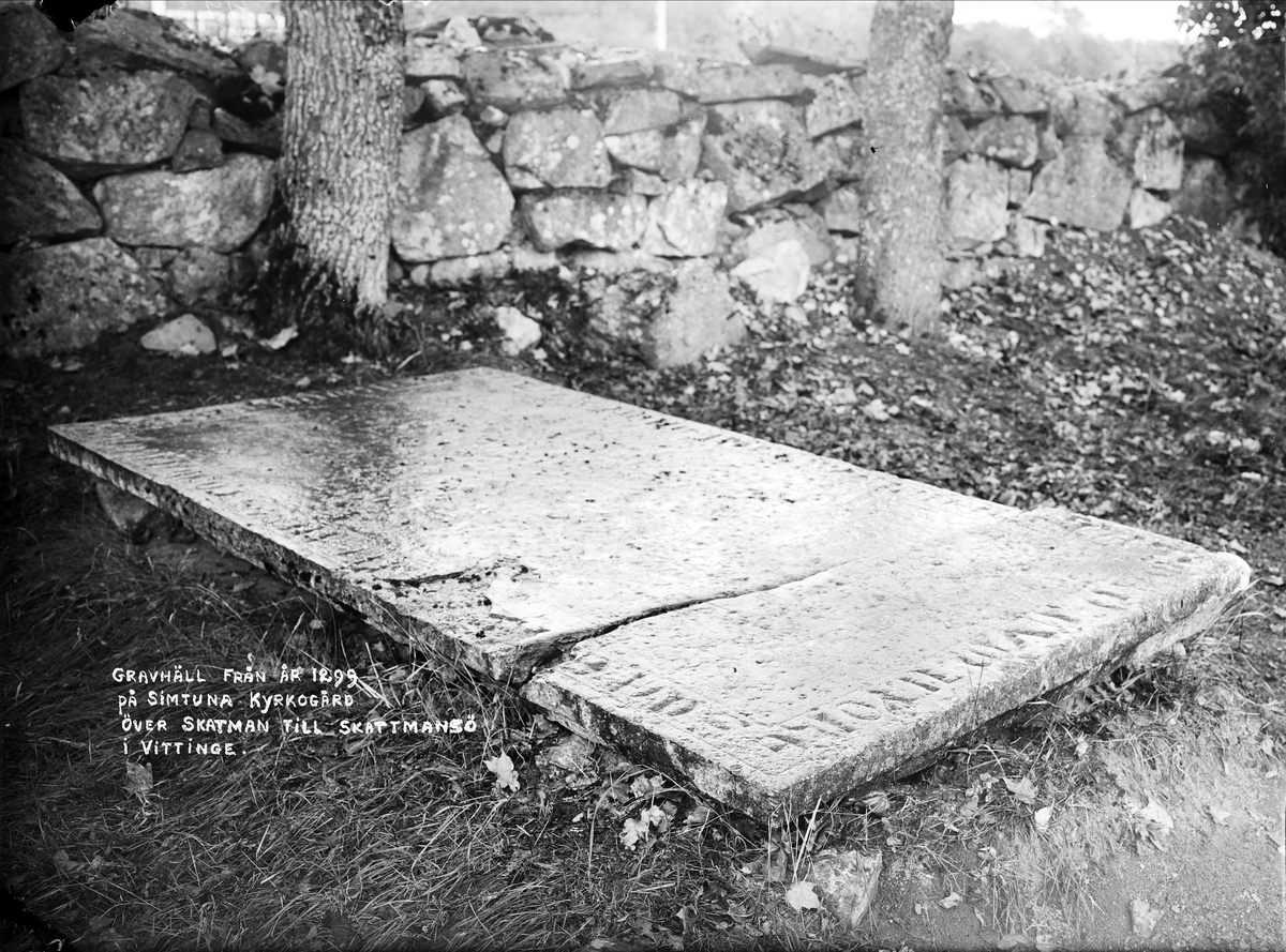 "Gravhäll från 1299 på Simtuna kyrkogård över Skatman till Skattmansö i Vittinge", Simtuna socken, Uppland 1917