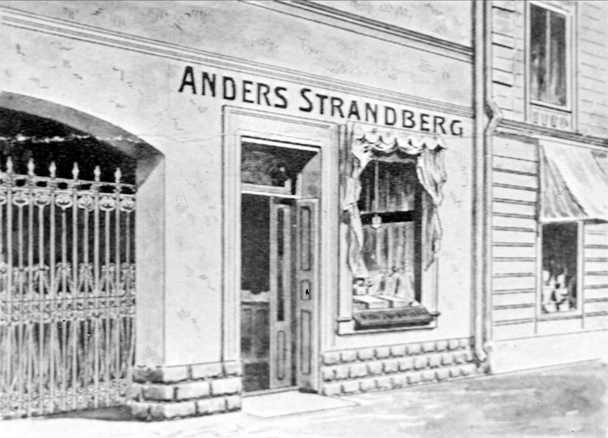 Teckning av AB Strandbergs manufakturaffär i Uppsala