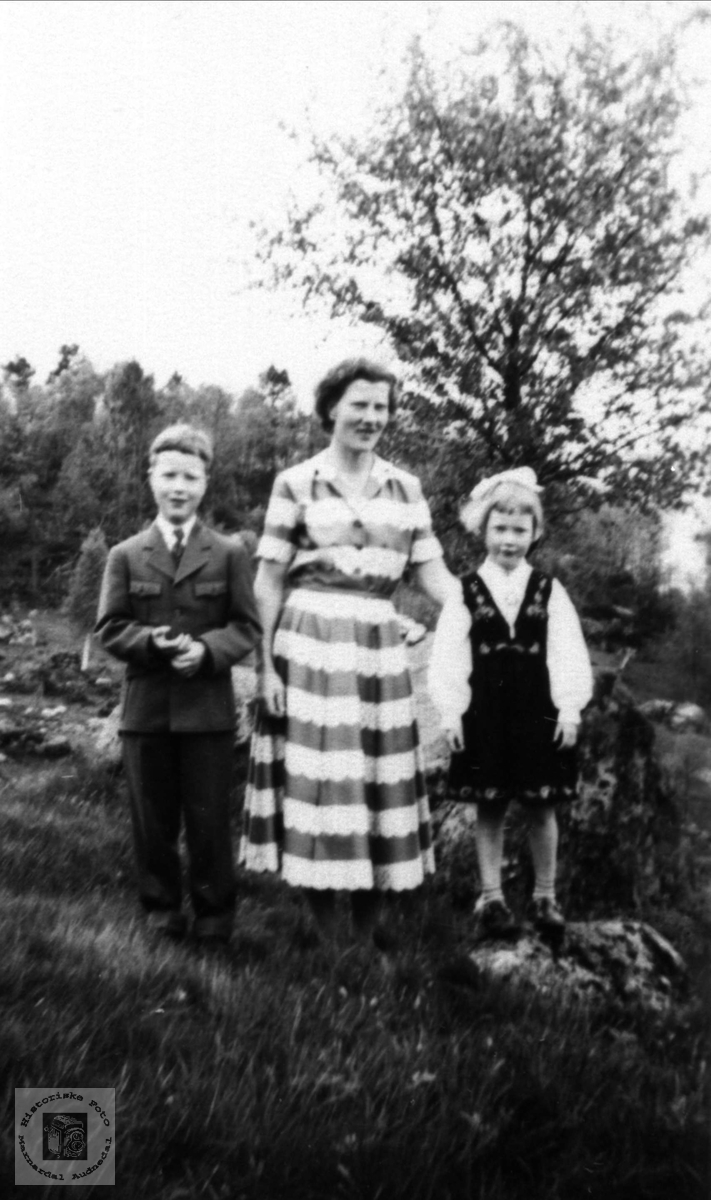 Gruppeportrett i hagen på Hjemlestad 17 mai 1958.
