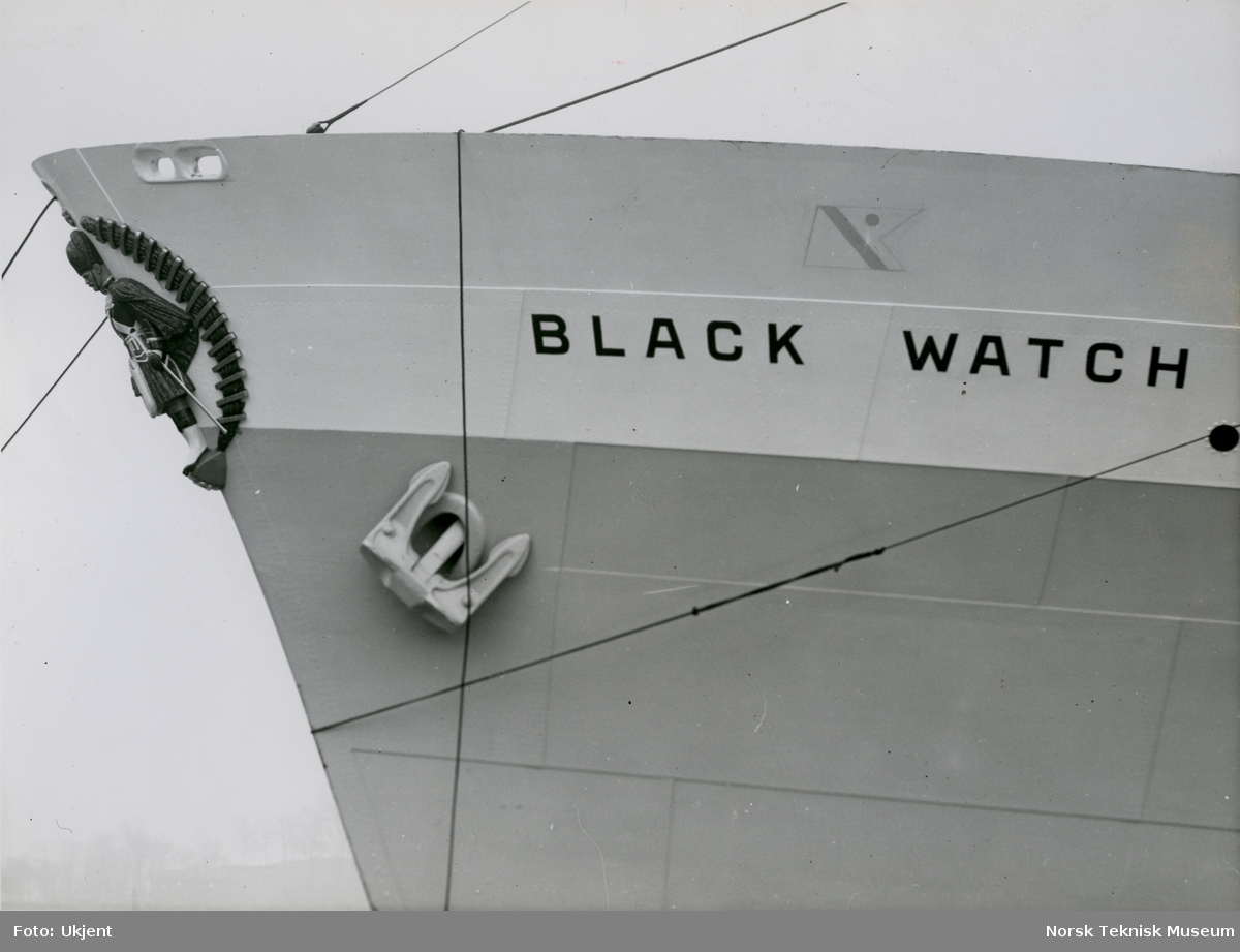 Baugen på passasjer- og lastebåten M/S Black Watch, B/N 474. Skipet ble levert av Akers Mek. Verksted i 1938 til Fred. Olsen & Co, Oslo og gikk i rute Kristiansand - Newcastle.