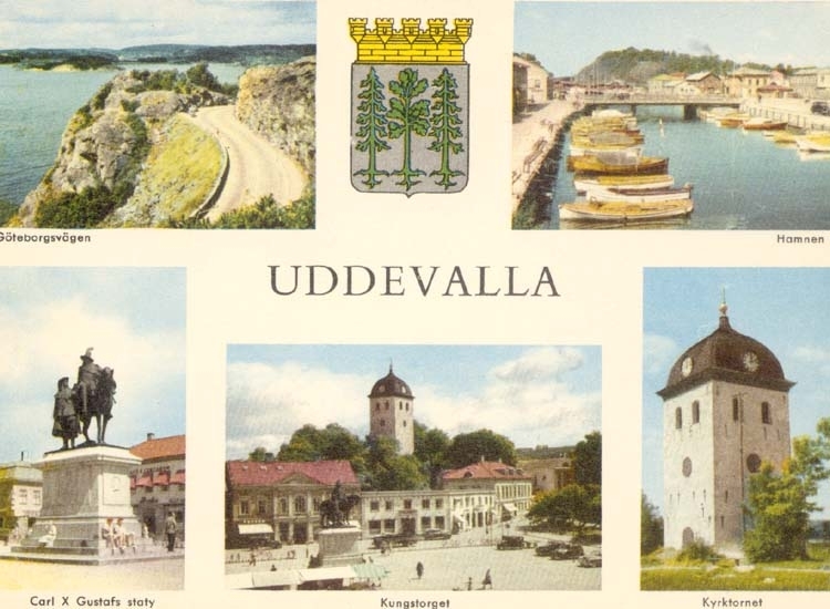 Tryckt text på kortet: "Uddevalla."
"Gustafsbergsvägen, Hamnen, Carl X Gustafs staty, Kungstorget, Kyrktornet."