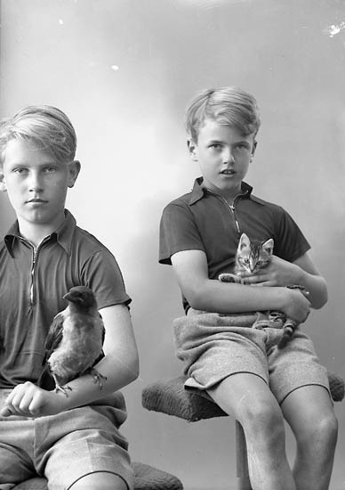 Enligt fotografens journal nr 7 1944-1950: "Svensson, Fru barn med kråka och katt adr. Fr. Ehrnst Här".