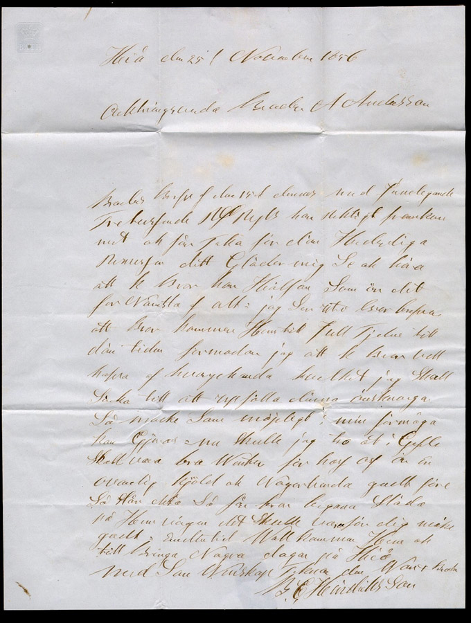 Alubmblad innehållande 1 monterat frankerat brev

Text: 1856 28/11 - 4 Skilling Banco - light blue - on letter from
Swenljumga to Gefle.   Single inland postage

Stämpeltyp: Normalstämpel 10