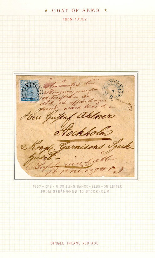 Albumblad innehållande 1 monterat frankerat brev

Text: 1857 - 3/9 - 4 skilling banco - blue - on letter from
Strengnäs to Stockholm   Single inland postage

Stämpeltyp: Normalstämpel 10
