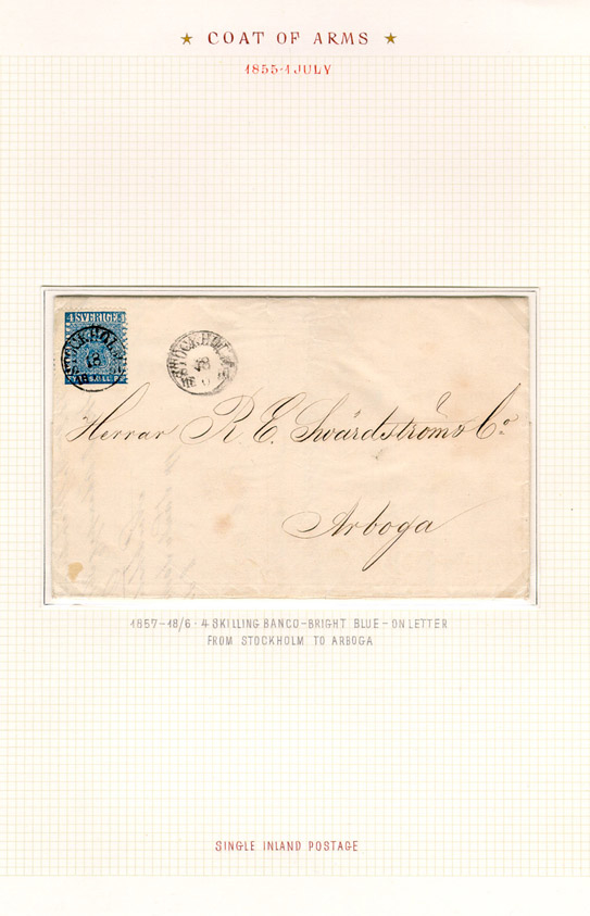 Albumblad innehållande 1 monterat frankerat brev

Text: 1857-18/6 - 4 Skilling Banco - bright blue - on letter from
Stockholm to Arboga

Stämpeltyp: Normalstämpel 10