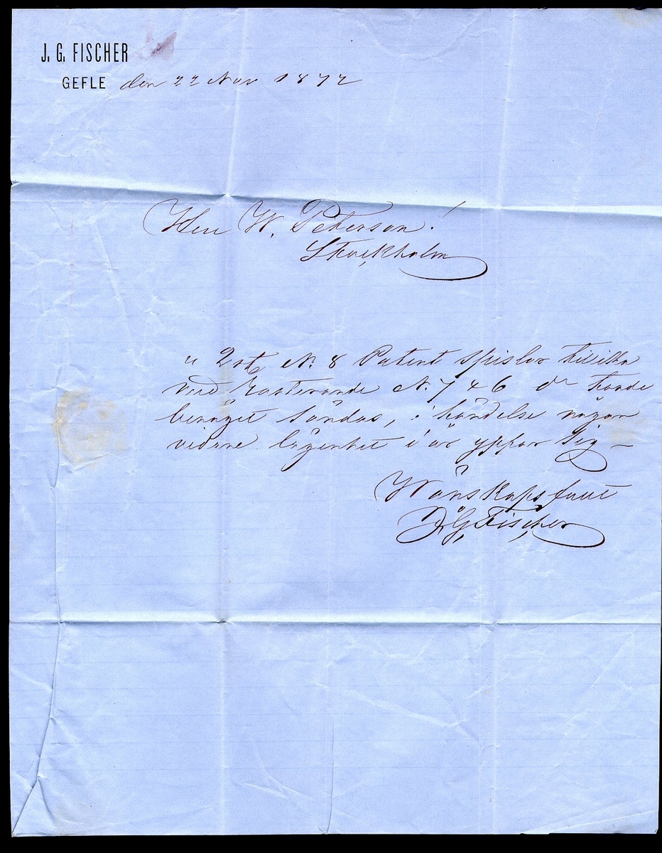 Albumblad innehållande 1 monterat brev

Brev från Gefle den 22 november 1872, frankerat med 12 öre Ringtyp, perf 14, till Stockholm.
Enkelt inrikes brevporto 1.7.1858-31.12.1884.

1 x 12 öre Ringtyp
Porto betalt: 12 öre