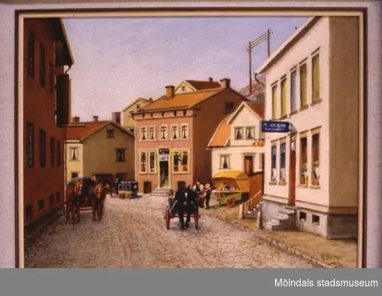 Häst och vagn på Gamla torget i Kvarnbyn, Mölndal.
En tavla målad av den naivistiske mölndalskonstnären Knut Berg.