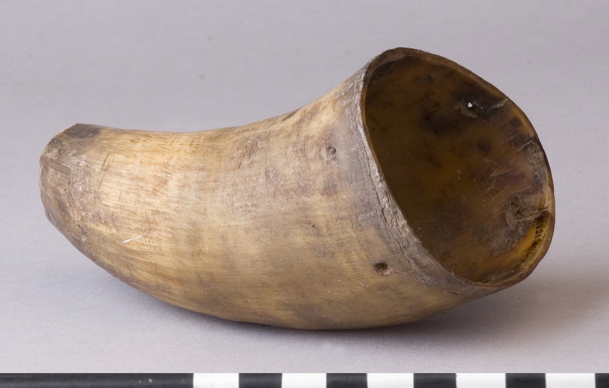 Korvhorn, urgröpt av horn, i en oval form som är svagt böjd.
Runt den största öppningen, ca 10 mm ifrån kanten, finns det 8 stycken hål jämt fördelat. Hålen är ca 3 mm i diameter varav ett hål är försett med en träplugg.