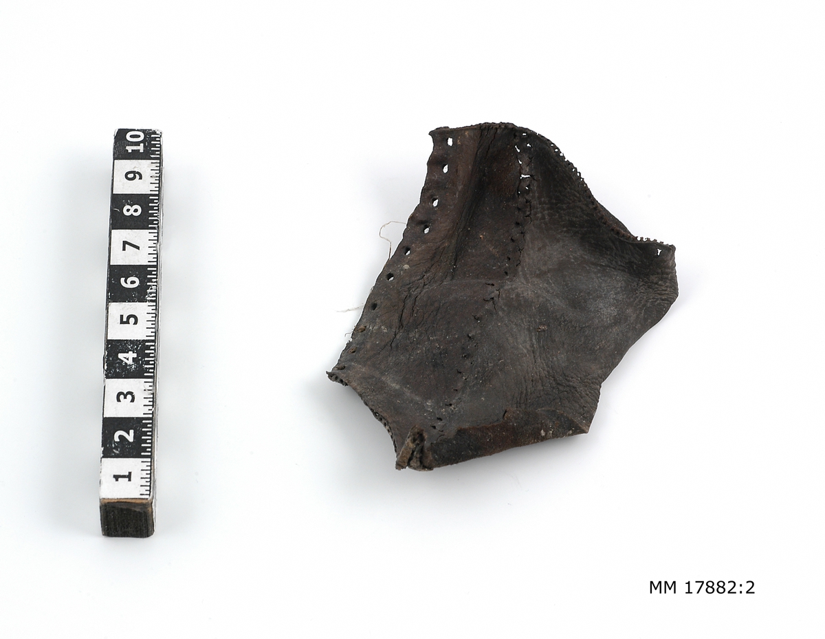 Sjöfynd från vraket Nya Riga. 16 fragment av läder, flertalet tydliga rester av skor med sula och klack försedd med pliggar. Spår efter sömmar. Hälften är större fragment.

För dimensioner på de enskilda bitarna, se inventariebilaga.