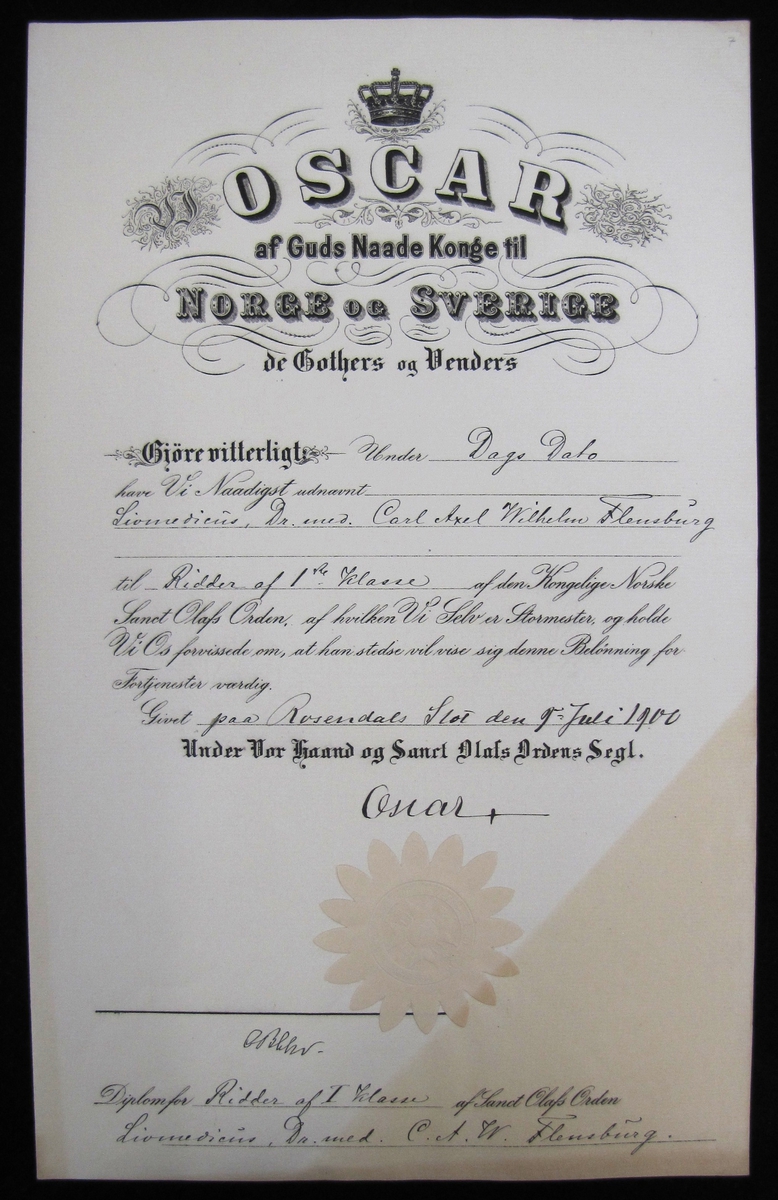 Ordensbrev för St. Olofsorden, 1:a klassen.

Ordensbrev är till Carl Flensburg från 1900.