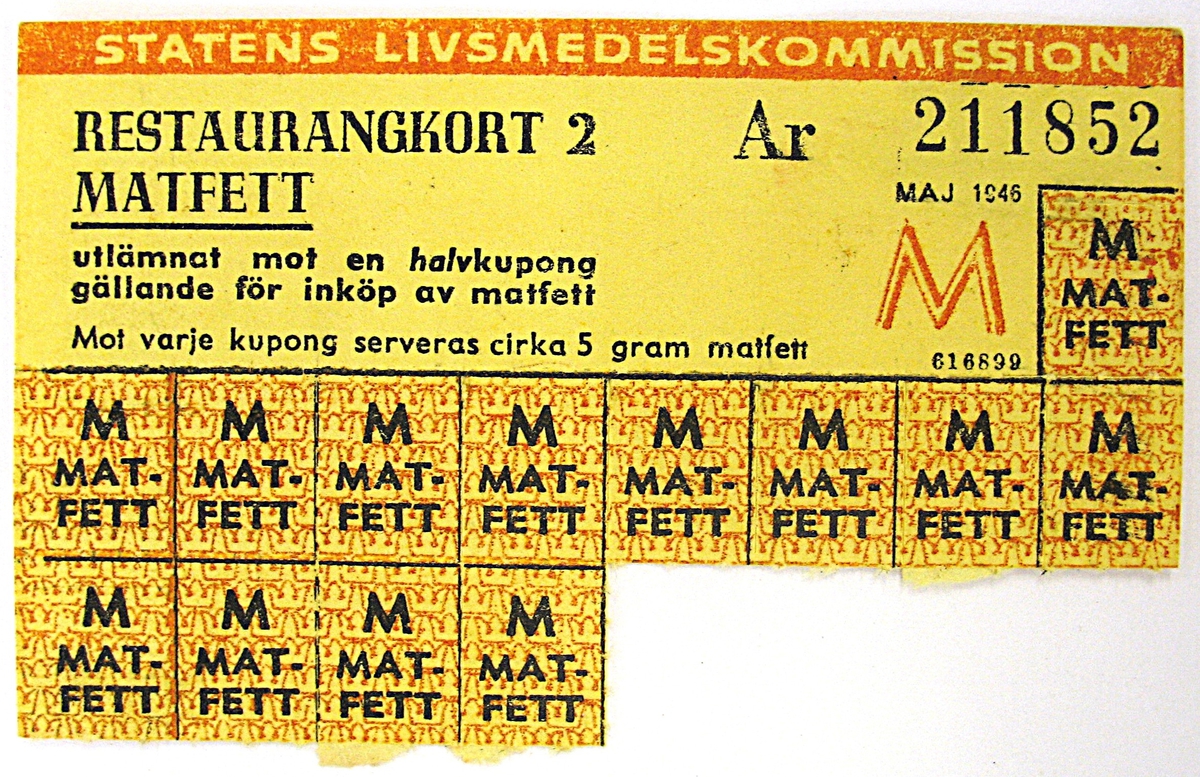 Ransoneringskort, restaurangkort för matfett. Kortet har använts under april 1947. 

Kortet har tillhört Karin Bohlin, mamma till givaren.