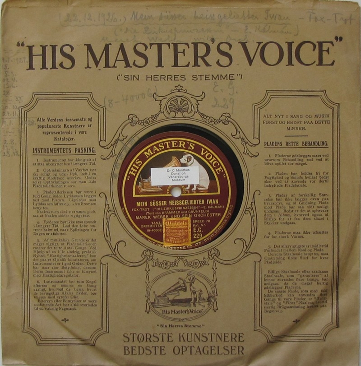 Vinylskiva av märket His Master's Voice
