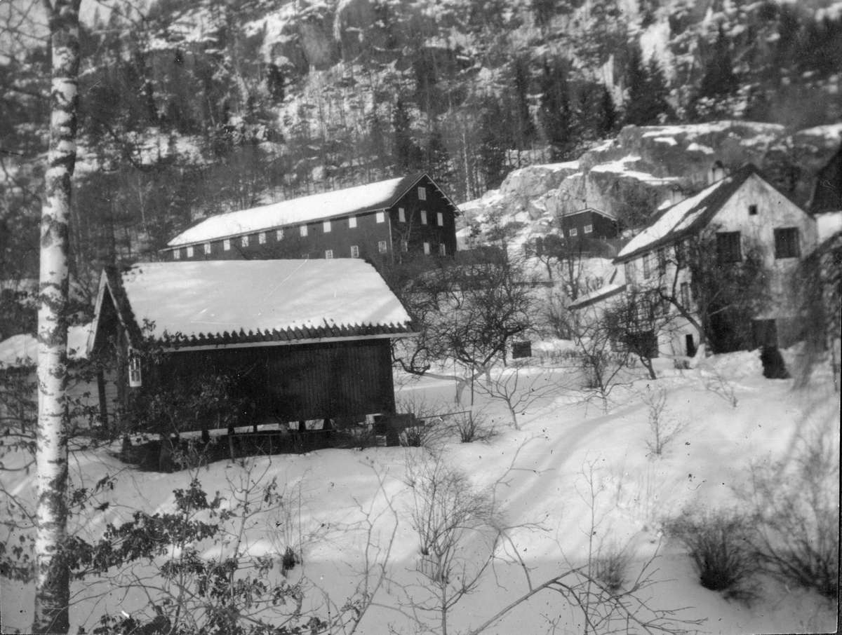 Vinterlandskap, husene på Frøvik gård, ca. 1915 -20.