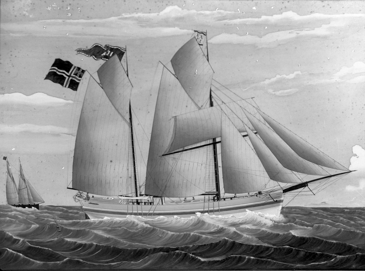 Avfotografert maleri av galeasen "Ida" fra Haugesund for fulle seil i åpent farvann. Bak til venstre seiler en annen galeas.