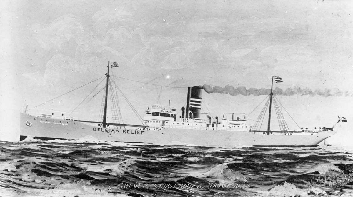 Avfotografert maleri av dampskipet D/S "Solveig Skogland" i åpent farvann. Lasteskip.