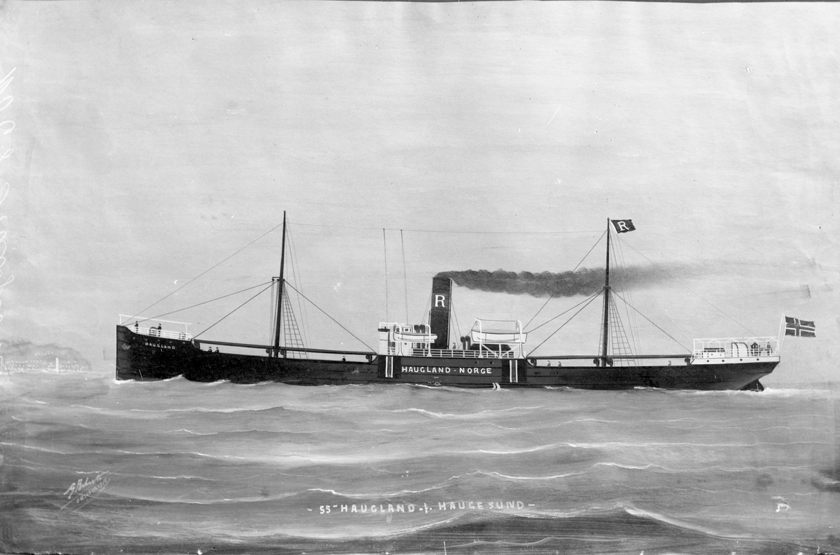 Avfotografert maleri av dampskipet D/S "Haugland" fra Haugesund i åpent farvann.