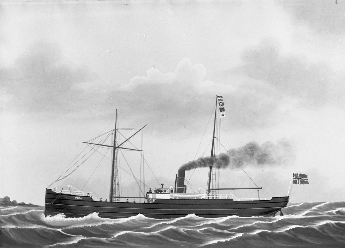 Avfotografert maleri av dampskipet D/S "Thor" på havet. "Thor" fraktet blant annet sild.