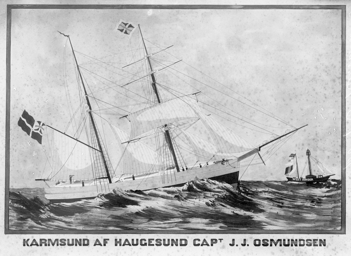 Avfotografert maleri av skonnertbriggen "Karmsund" i store bølger. De fleste seilene er nede. I bakgrunnen seier et skip med lykt og med påskriften "WEST HINDER".