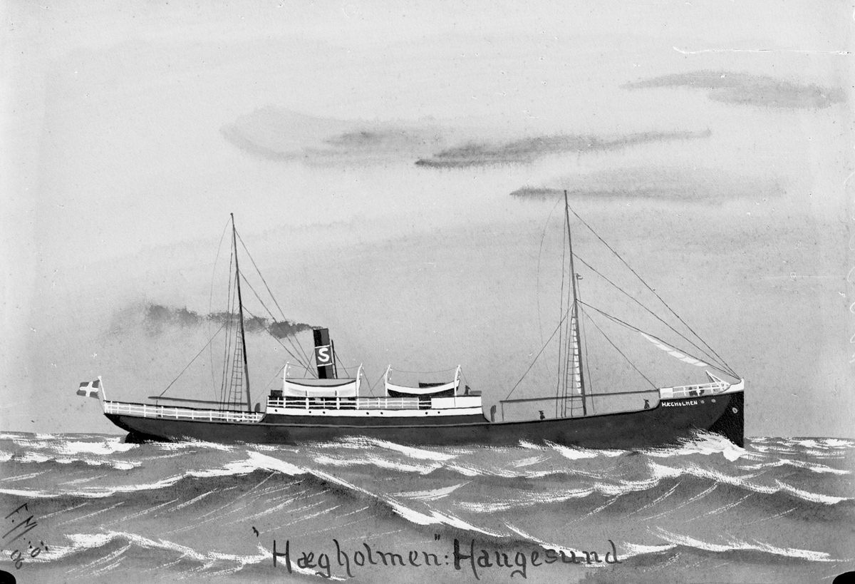 Avfotografert maleri av dampskipet D/S "Hægholmen" i åpent farvann.