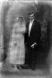 Studioportrett i helfigur av et brudepar.