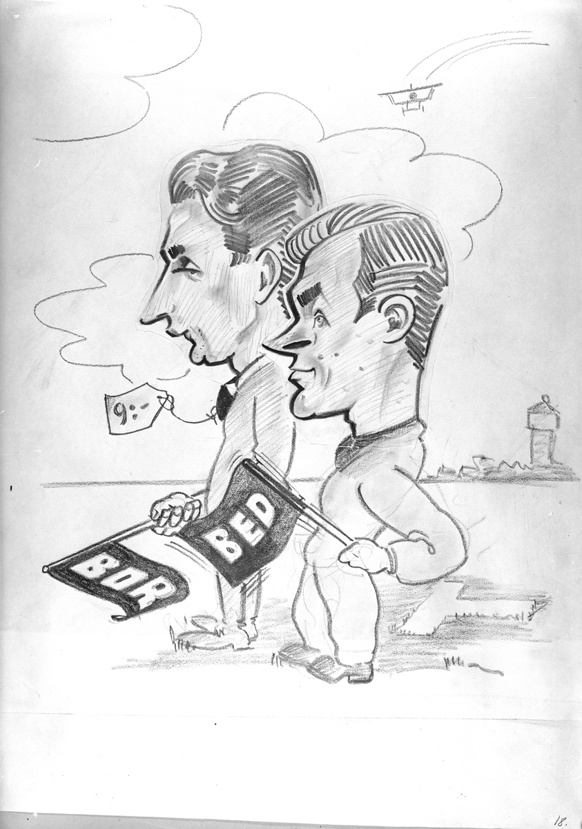 Karikatyrbild av militärer ur flygvapnet, 1930-tal.  Märkt 'BOR', 'BED'.   Avfotograferad teckning.
