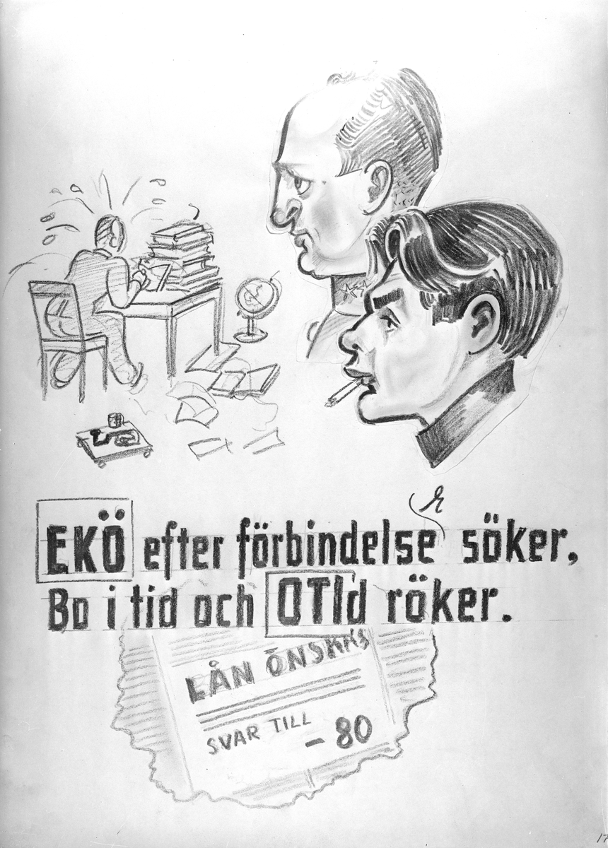Karikatyrbild av militärer ur flygvapnet, 1930-tal.  Märkt 'EKÖ', 'OTI'.   Avfotograferad teckning.
