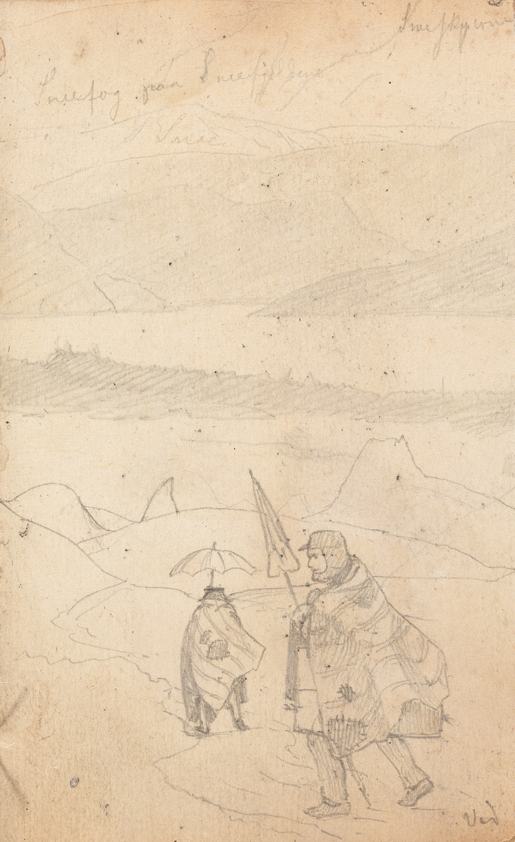 To mannsfigurer i fjellet [Tegning]