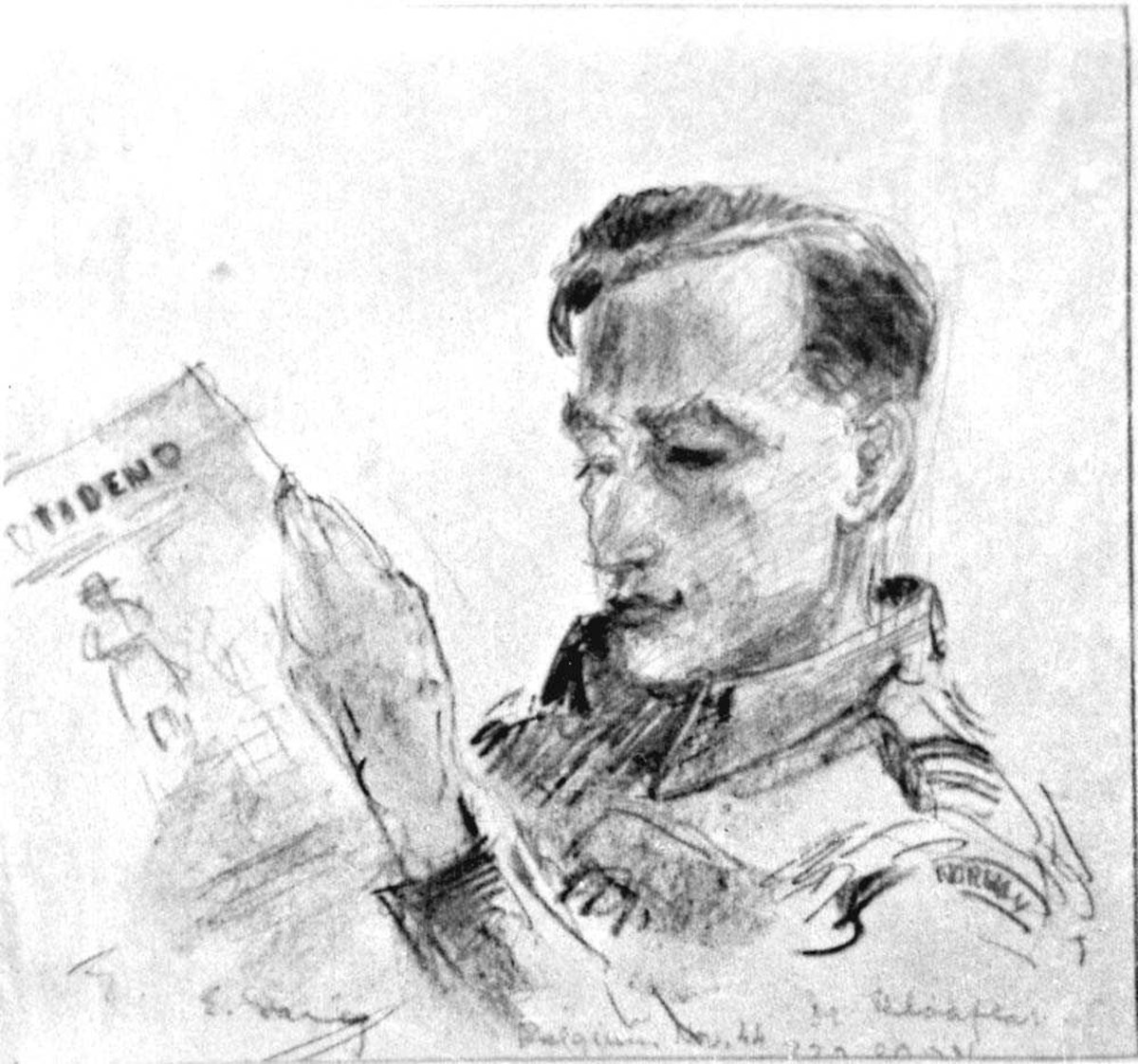 Portrett. Tegning av en person, mann som leser i en avs.
