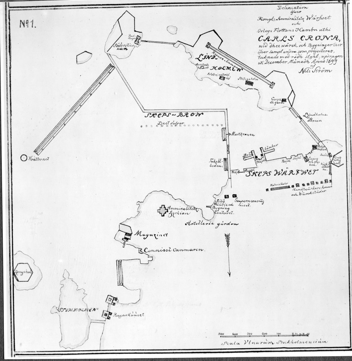 Karta över amiralitetsvarvet och örlogsflottans hamn uti carlskrona
uppdraget uti december månad 1699 av Nils Ström