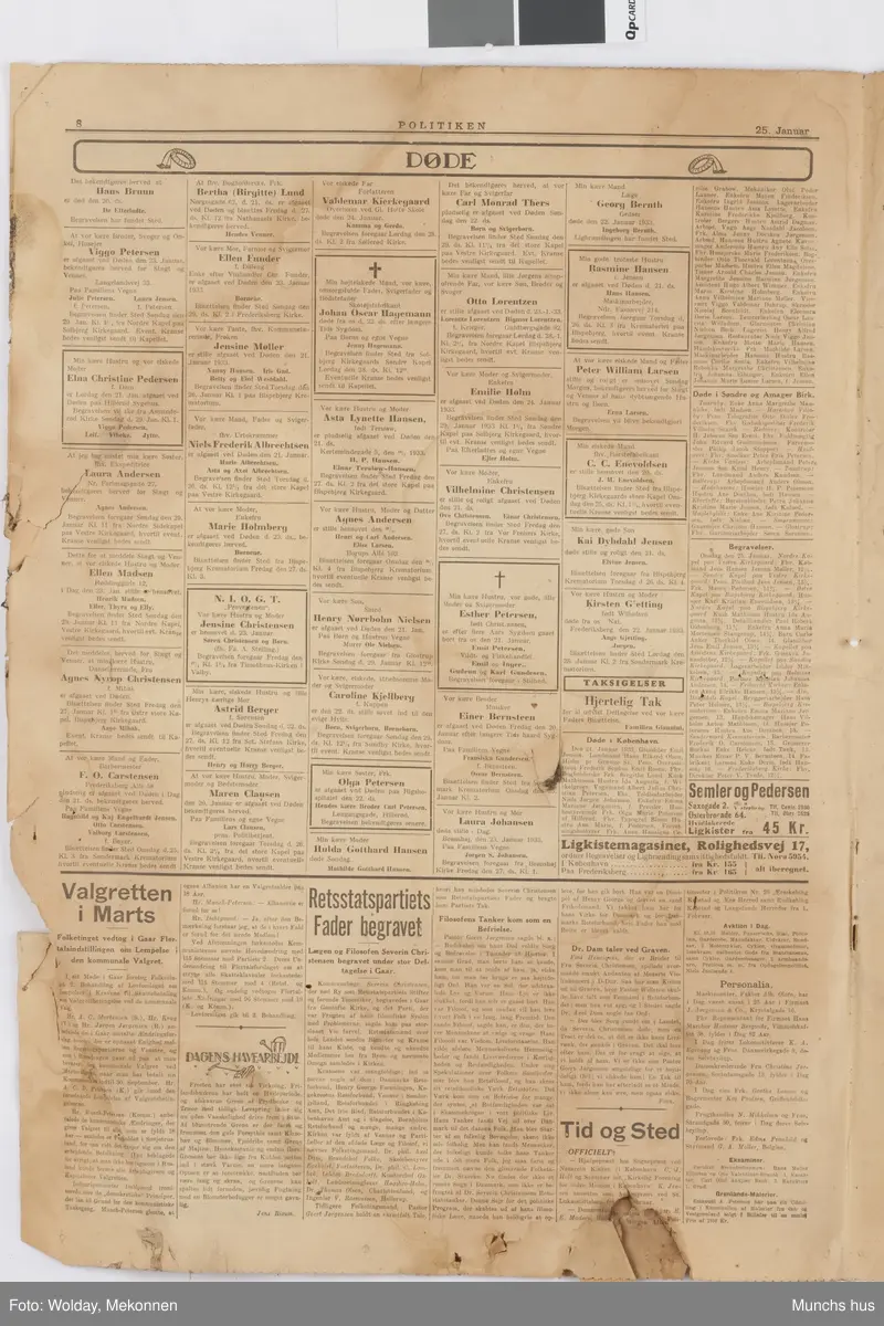 Del av avis (6 sider). Politiken 25. januar År ikke oppgitt.
Sannsynligvis brukt som mellomlegg mellom bilder i mappen.