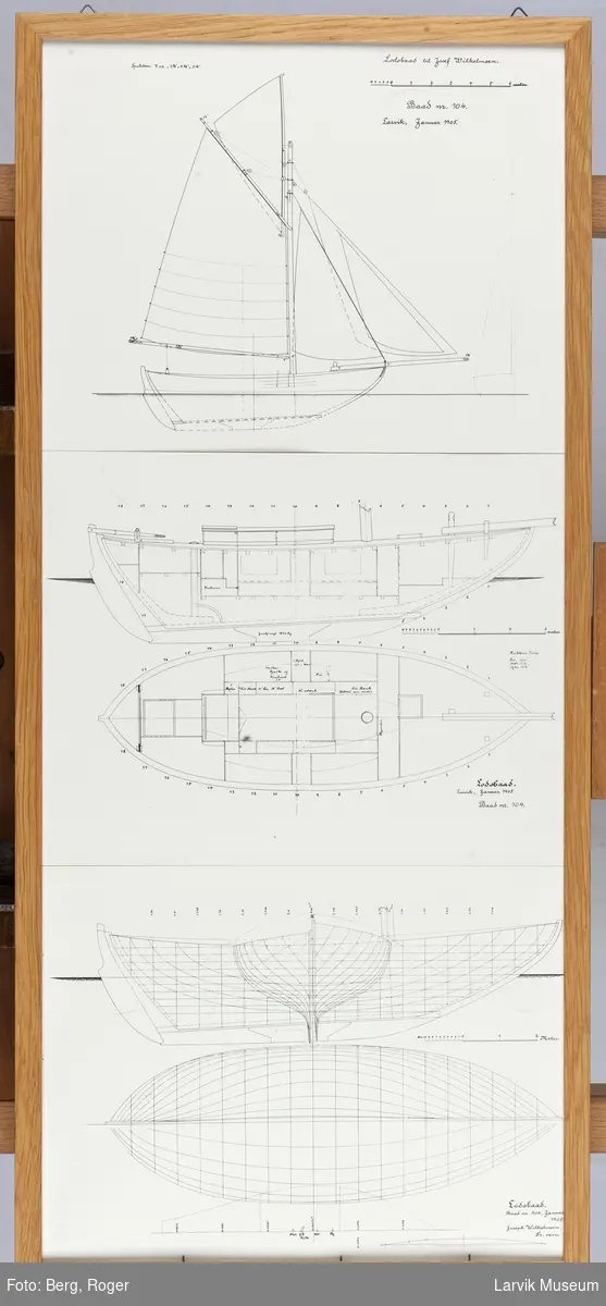 Tegninger av Colin Archer skøyte, losbåt til Josef Wilhelmsen.