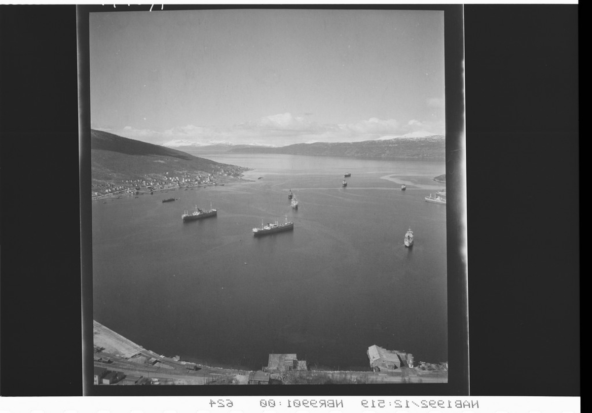 Narvikbugta med flere lasteskip liggende, Ofotfjorden. Narvik. Ankenes til v i bakgrunnen.