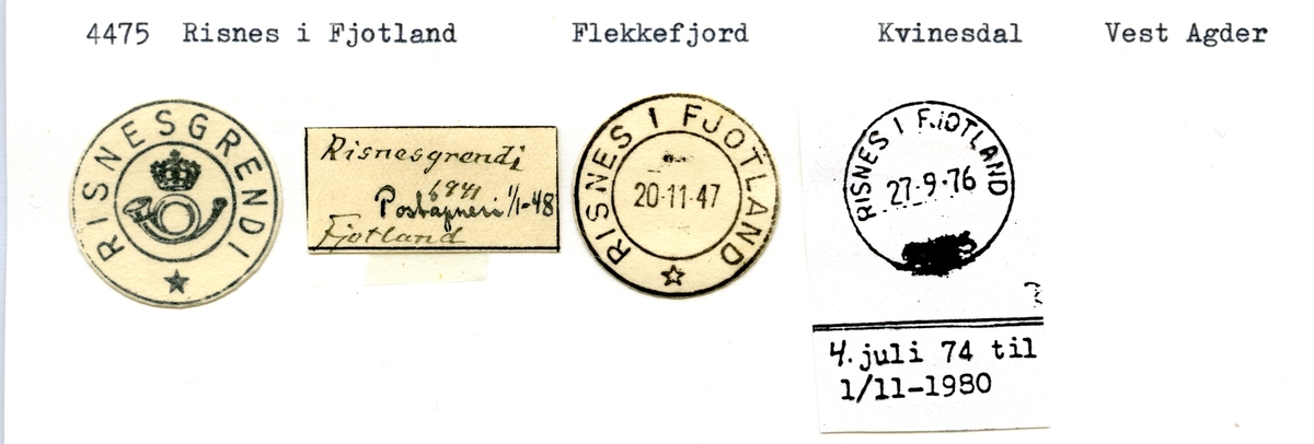 Stempelkatalog 4475 Risnes i Fjotland (Risnesgrendi), Flekkefjord, Kvinesdal, Vest-Agder