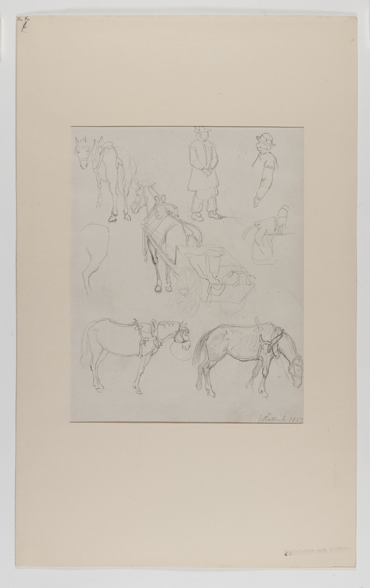 Handteckning av J W Wallander från Rättvik, Dalarna 1857. Mansdräkter samt hästar med seldon. Nordiska museets inventarienummer 57339k.