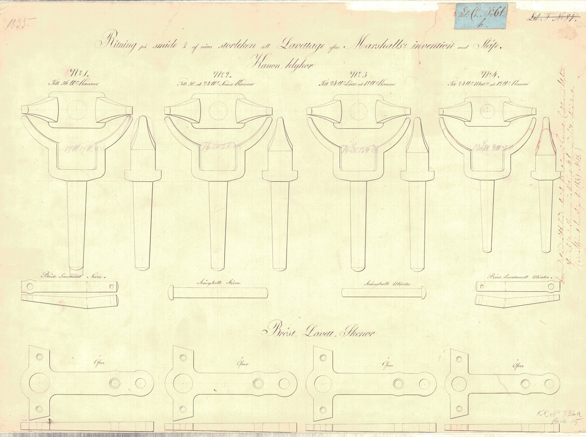 2 st ritningar på smide till lavettage efter Marshalls invention med släp