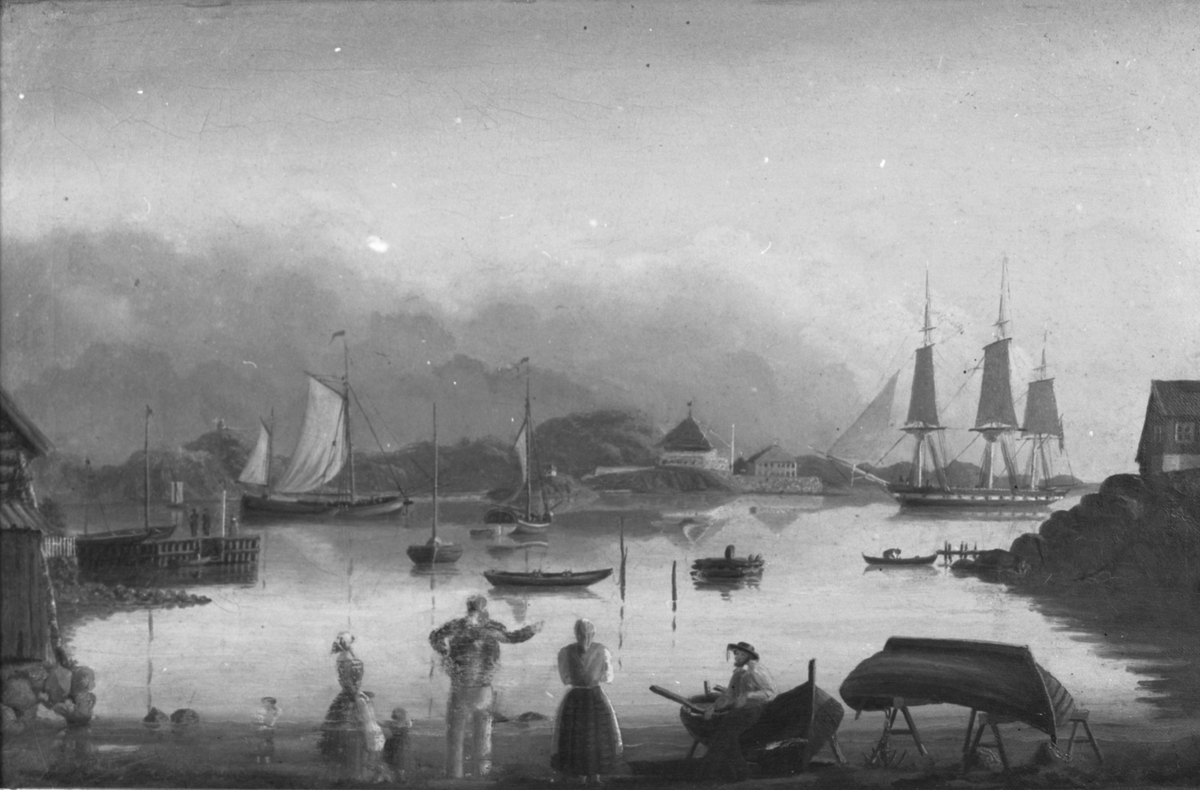 Motiv: Foto av maleri: Orlogsmann i Øst-innløpet Stavern ca 1850 = Ingen personer/båter i forgrunnen.