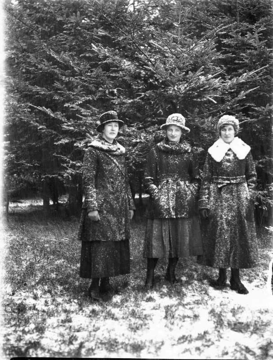 Porträtt på tre snöiga kvinnor.