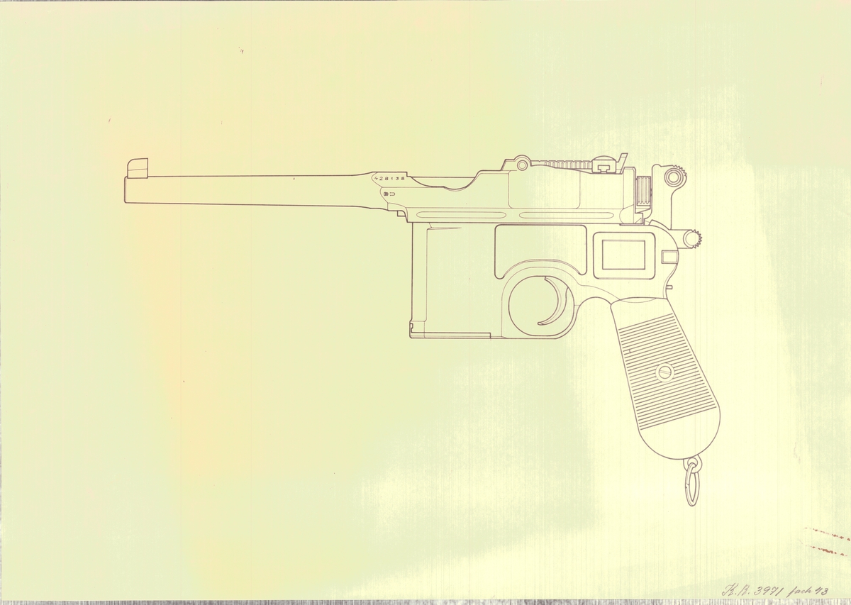 Ritning å halvautomatisk pistol av Mausers patent mod C96