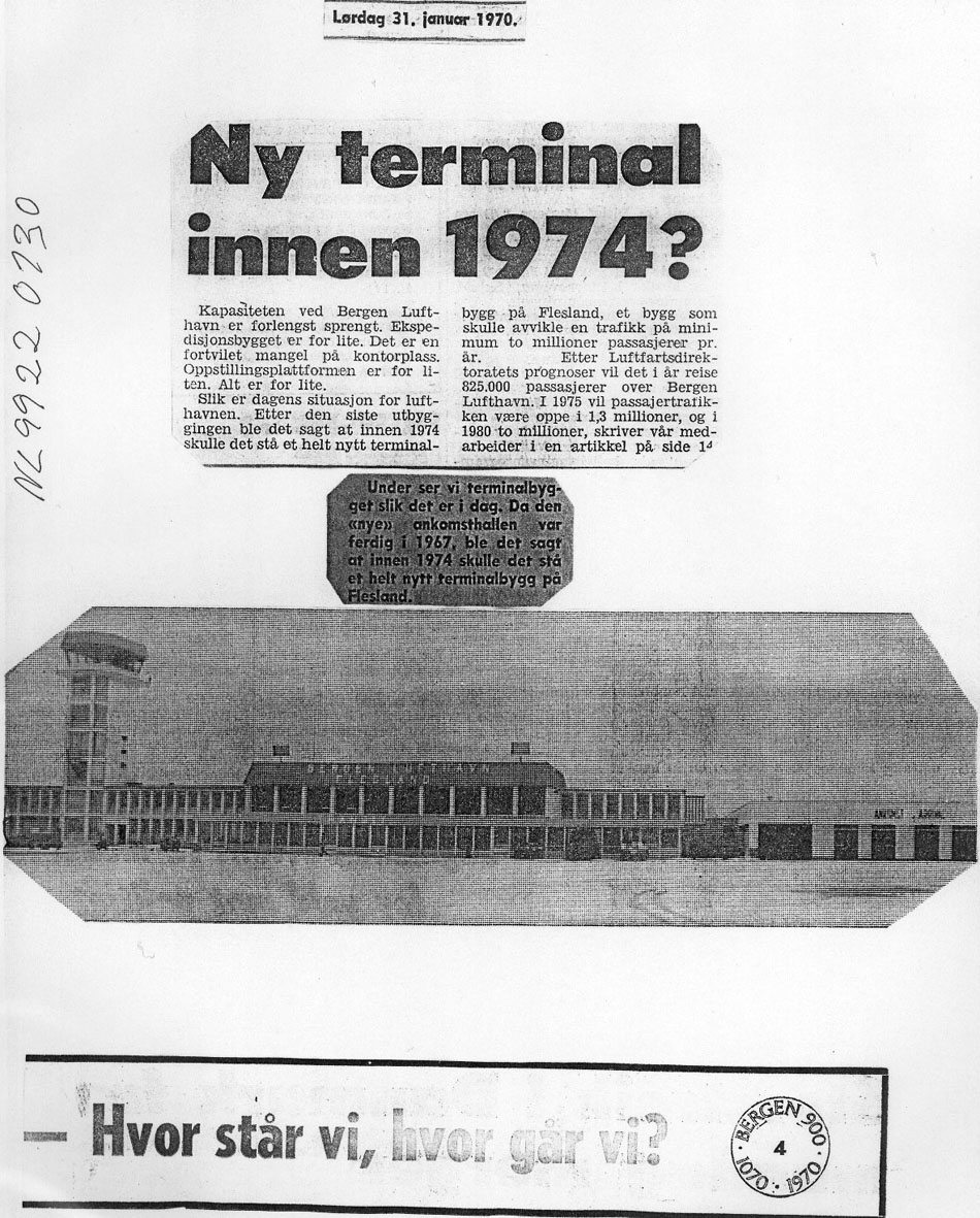 Maskinkopi av avisartikkel, og foto av terminalbyggning. "Ny terminal innen 1974
