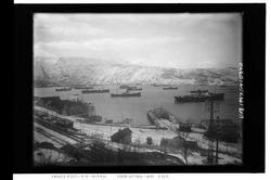 Narvik havn med ventende malmbåter. ,Huset midt i bildet, rø