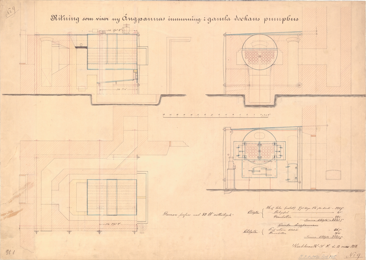 Ritning som visar ny ångpannas inmurning i gamla dockans pumphus. Karlskrona 1884.