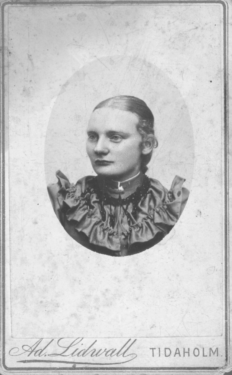 Et portrett av Lovise Malmgren.Hun har på seg en kjole og et perlesmykke rundt halsen.