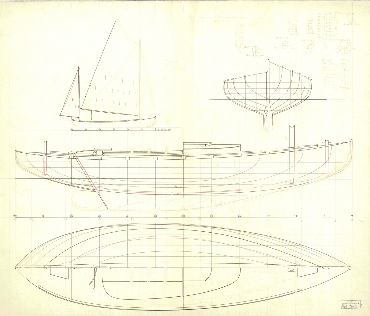 Tvåmastad segelbåt
Spantruta, segel-, profil- och linjeritning