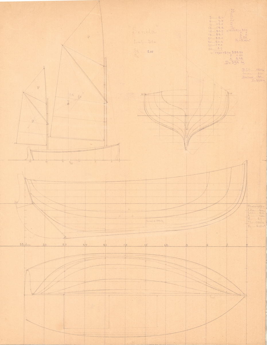 Tvåmastad segelbåt
Spantruta, rigg och sektionsritningar
